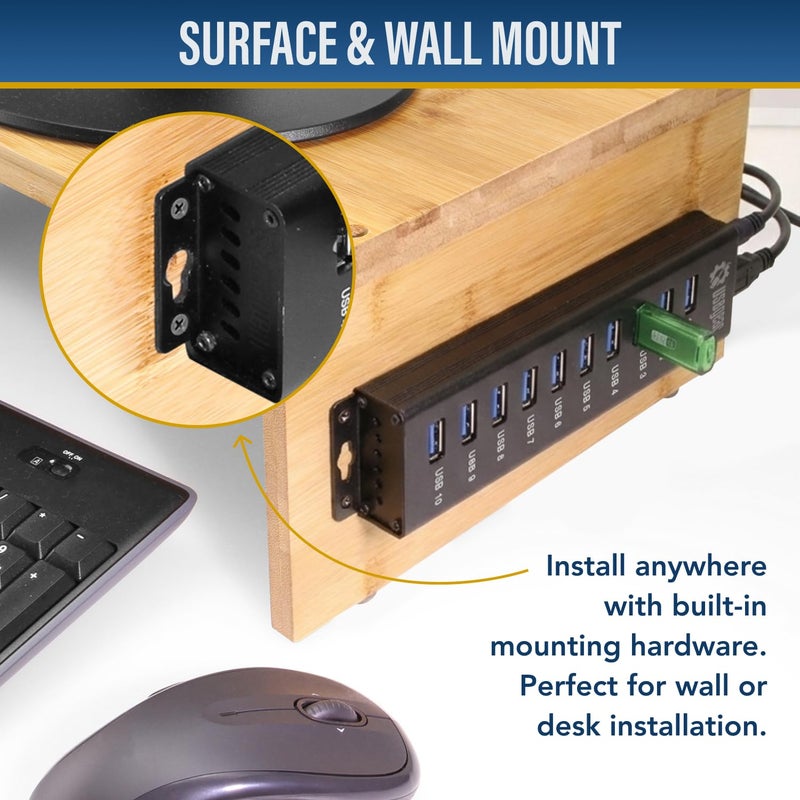 USBGear 10-Port USB 3.2 Gen 1 Mountable Charging and SuperSpeed Data Hub with 5V/4A Power Adapter and USB Type-A to Type-B Cable Up to 900mA per Port Charging Function Wall and Surface Mounting - Image 4